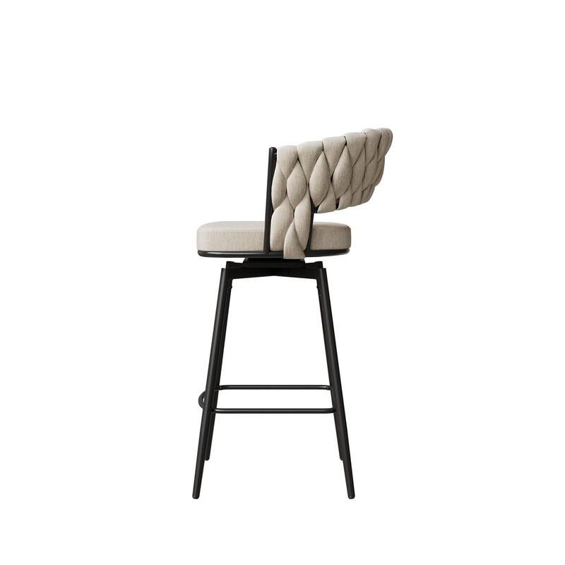 360° Swivel Bar Chairs Set of 2, with Upholstered Woven Backrest, Pub Chairs wMetal Leg Footrest Bar Chairs Bar Seating