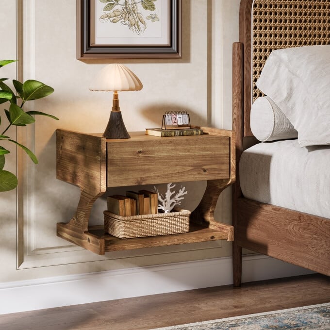 Solid Wood Floating Nightstand, Wall-Mounted Bedside Table with Drawer - Brown-1PC