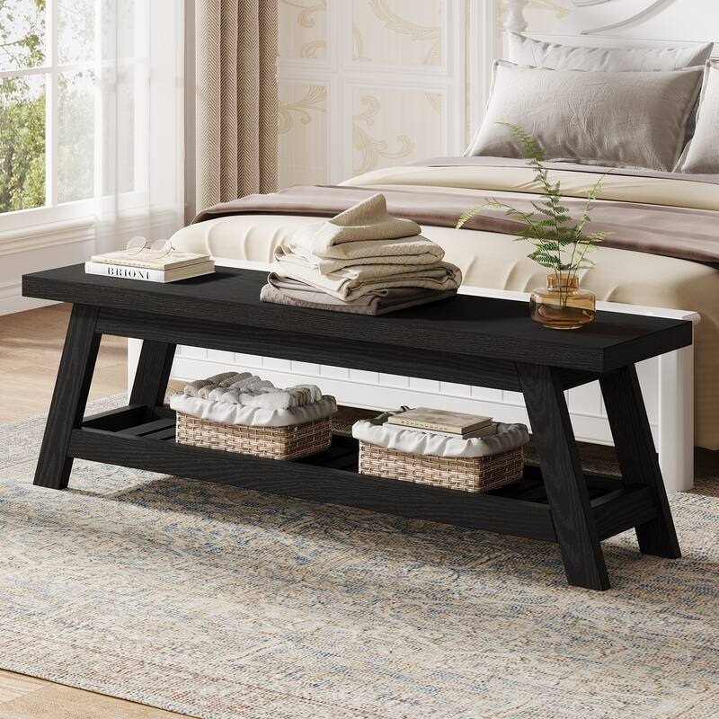 55" Entryway Bench with Shoe Storage, Large 2-Tier Foyer Bench