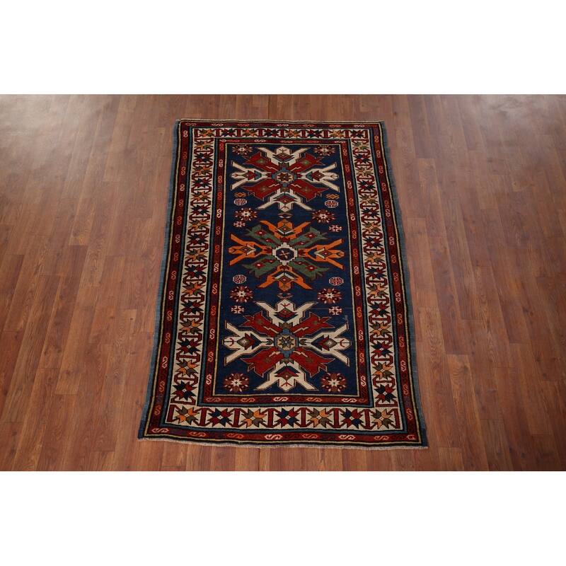 Navy Blue Geometric Kazak Vegetable Dye Wool Carpet - 3'5" x 5'2"