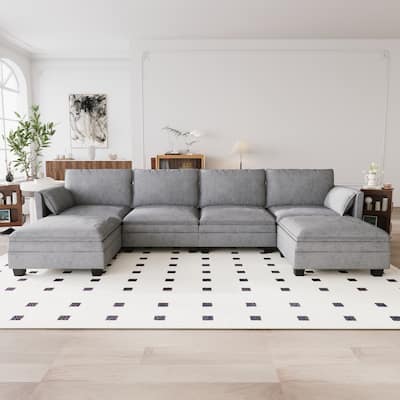 Christopher Knight Home - Noah 141.5" U-Shaped 6-Seater Sofa Couch with Movable Ottoman and Armrest Pockets, Fabric Upholstery
