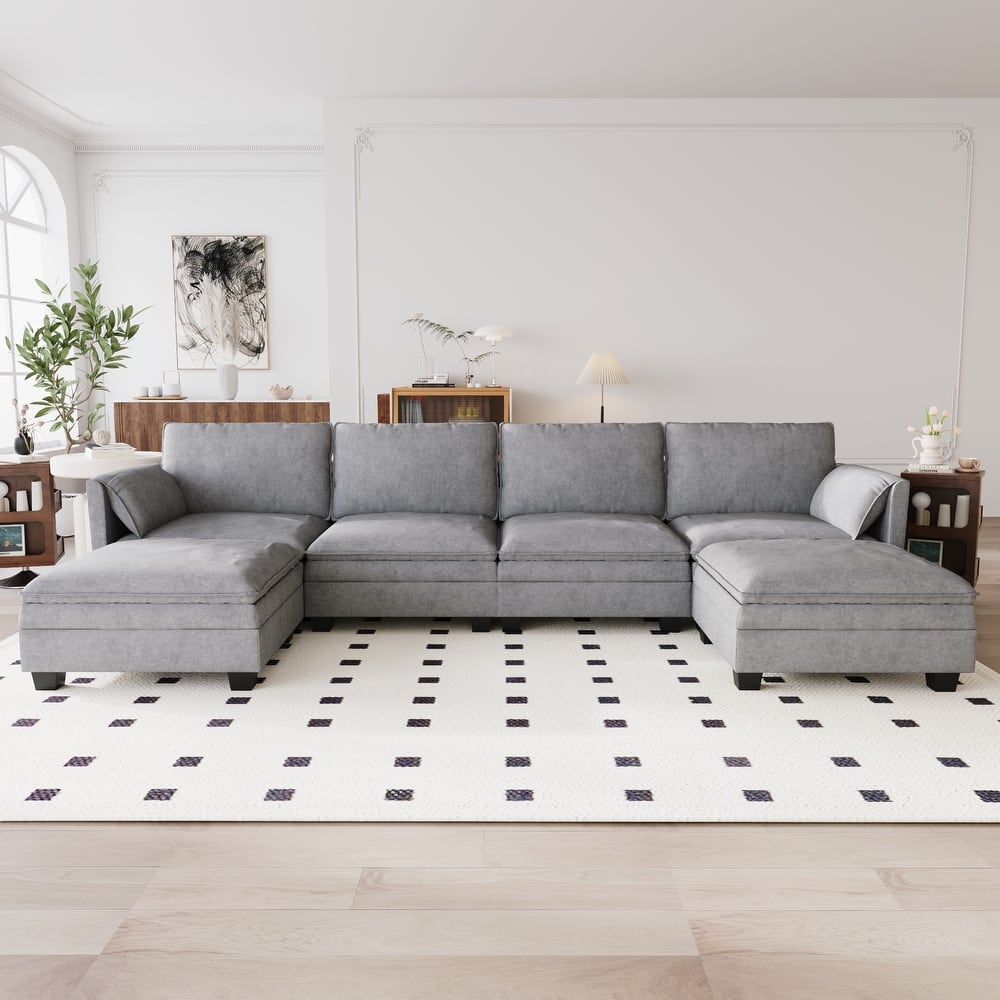 GDFStudio - Noah 141.5" U-Shaped 6-Seater Sofa Couch with Movable Ottoman and Armrest Pockets, Fabric Upholstery - U-Shape