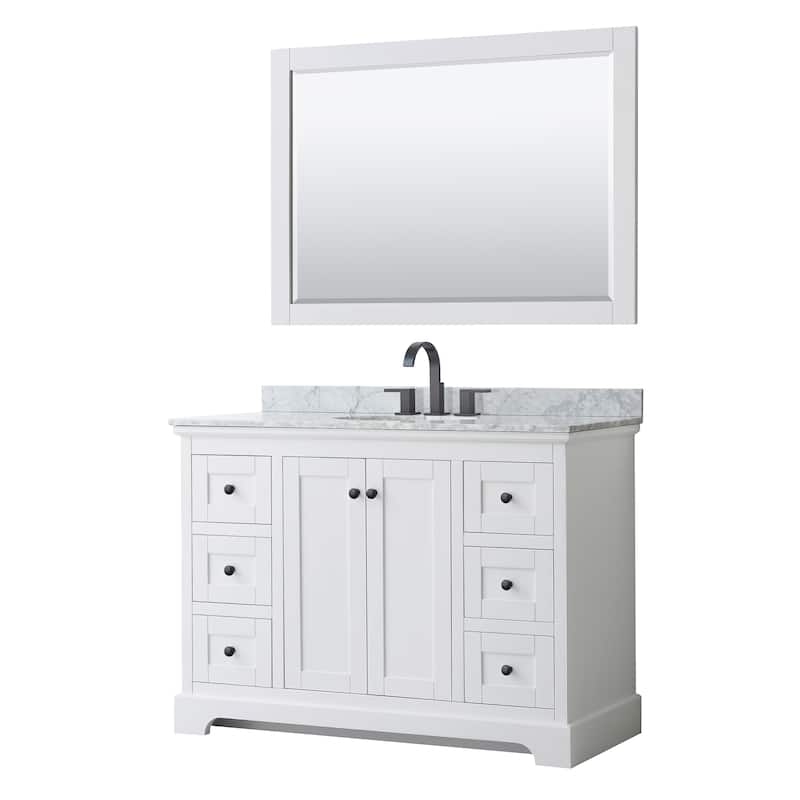 Avery 48-inch Single Vanity, Marble Top, Oval Sink, 46-inch Mirror - White, Black Trim, White Carrara Marble Top