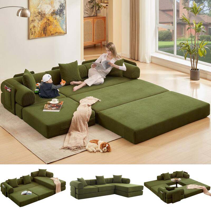 107'' L-Shaped 7-in-1 Corduroy Modular Sectional Sofa Bed, 4-Seat, Green