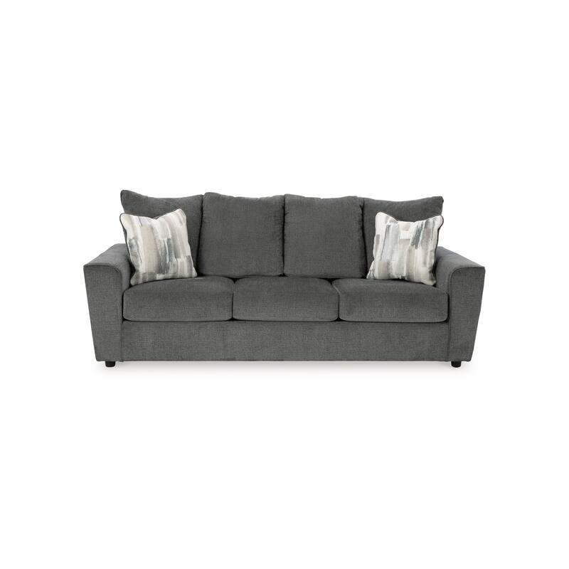 Ratty Sofa, 86 Inch Gray Polyester, Welt Trims, 2 Accent Pillows