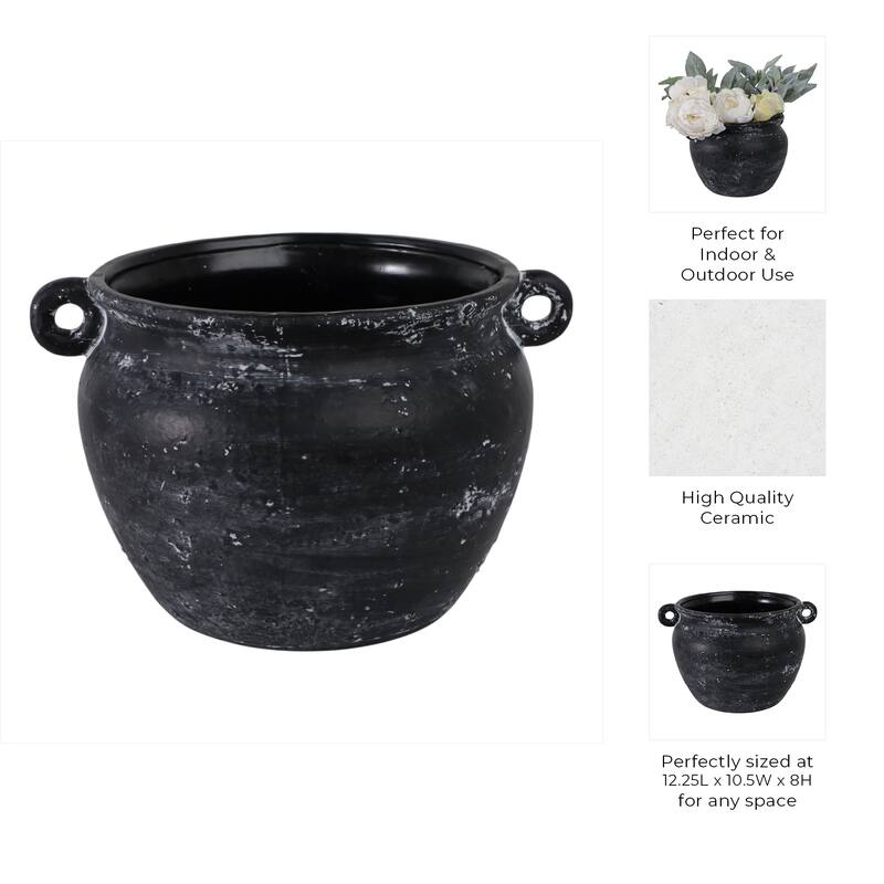 Stoneware Planter Rustic Texture and Handles Vessel Vintage Style