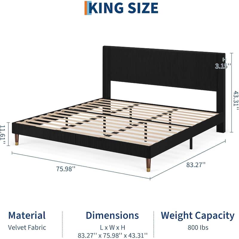 Soft Corduroy Fabric Platform Bed Frame with Upholstered Headboard, Black