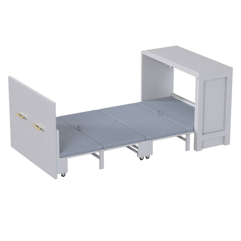 Twin Size Murphy Cabinet Bed with Adjustable Desk, Foldable Guest Bed - Grey