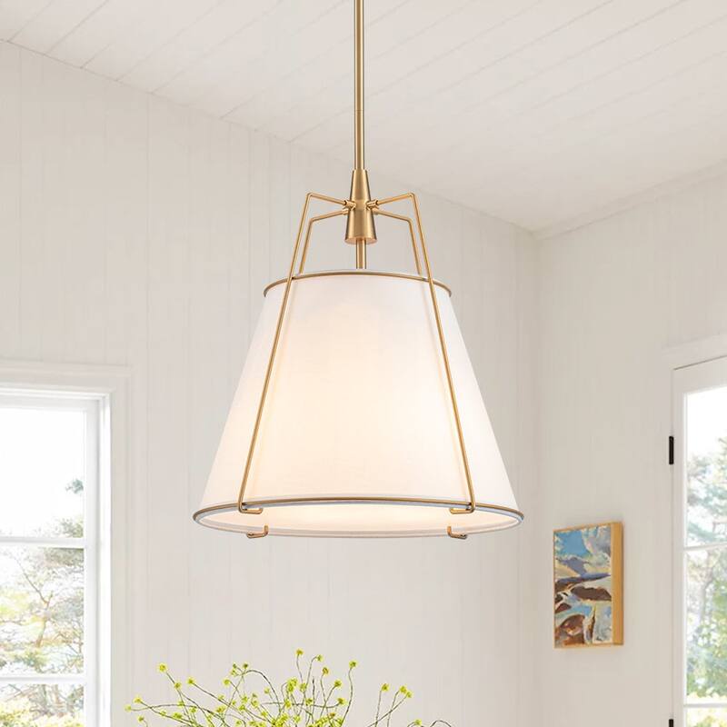 Mid Century 4-Light Conical Fabric Shade Lantern Pendant Ambient Light - 15in - Brass Finish-White Shade