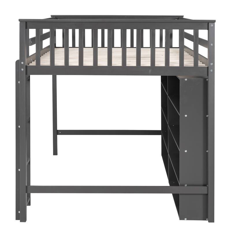 Loft Bed with All-in-One 8 Open Storage Shelf and 4 Step Ladder, Wood Loft Bed Slat Support for Kids Teens