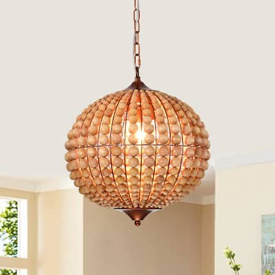 Khaki 3-light 16-inch Wood Bead Globe Chandelier