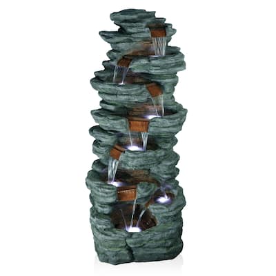 Alpine Corporation TZL274 79" Gray Outdoor Floor Multi Tier Water Fountain with LED Lights