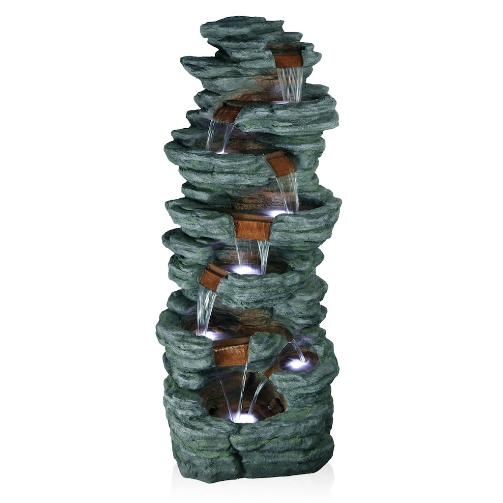 Alpine Corporation TZL274 79" Gray Outdoor Floor Multi Tier Water Fountain with LED Lights