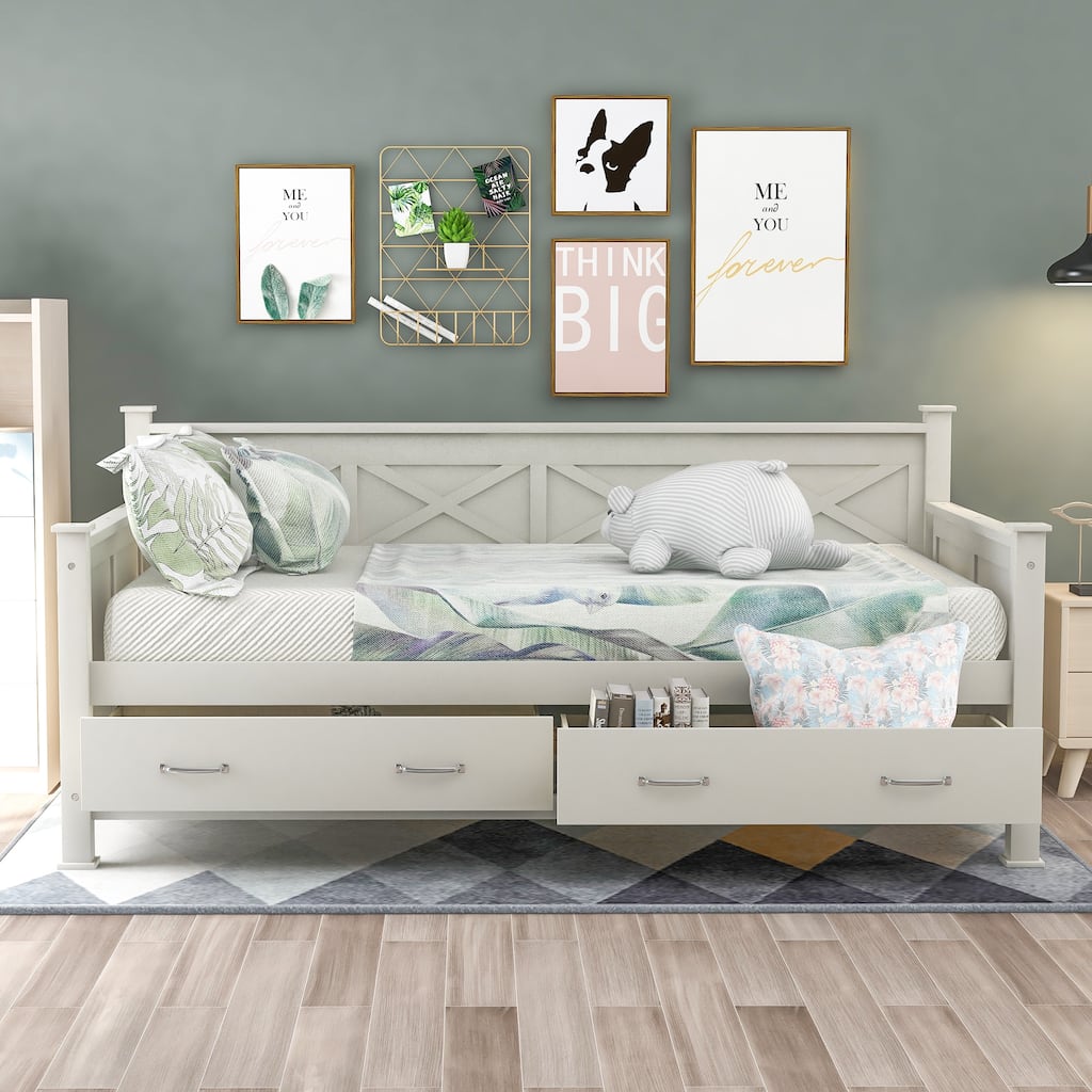 Twin Size Daybed with X-shaped Pattern & 2 Storage Drawers