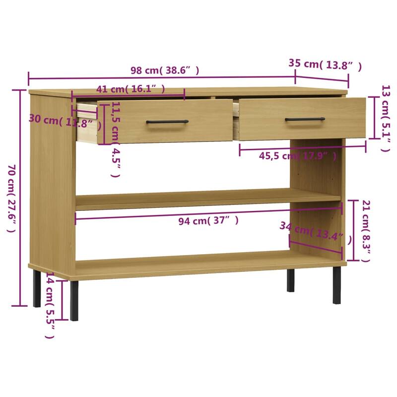 vidaXL Console Cabinet Buffet Storage with Metal Legs Solid Wood Pine OSLO - 38.6" x 13.8" x 27.6"