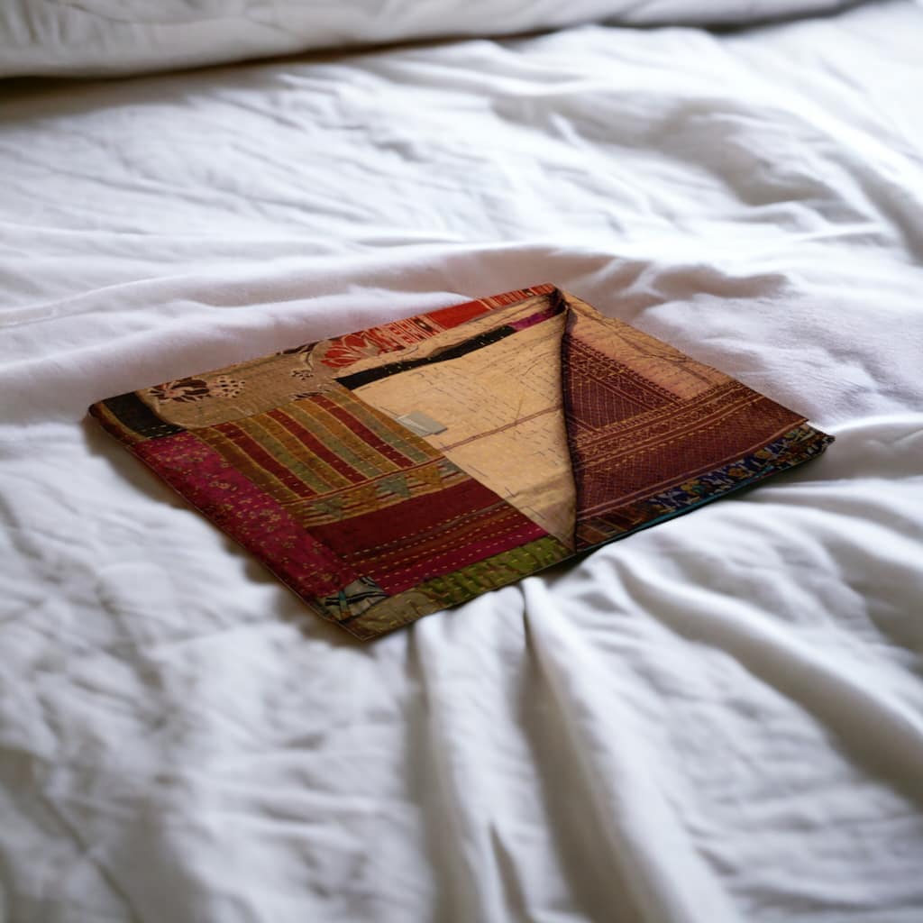 HomeRoots 50" X 70" Burgundy and Brown Quilted Cotton Patchwork Throw Blanket with Embroidery