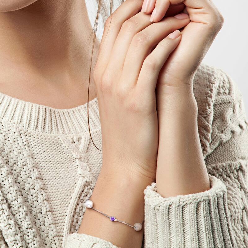 Miadora Cultured Freshwater Pearl and 7/8 CT TGW Sky-Blue Topaz Gemstone Station Bracelet in Sterling Silver