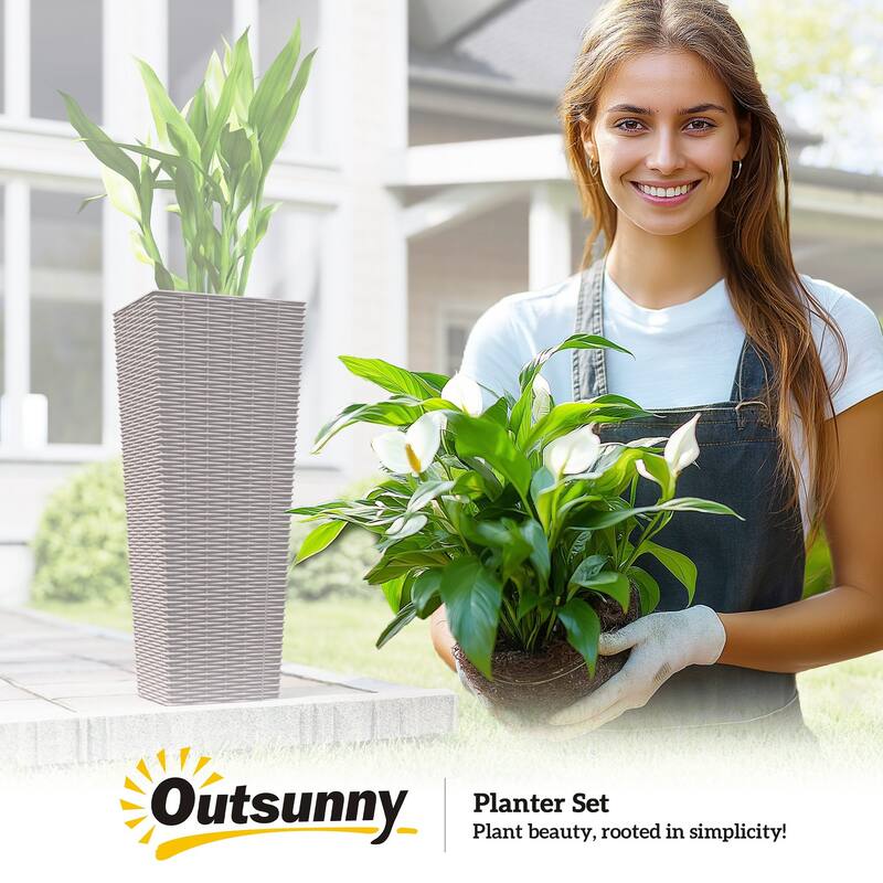 Outsunny 32 Inch Tall Planters for Outdoor Plants, Set of 2 Plastic Rattan-Like Flower Pots with Drainage Holes