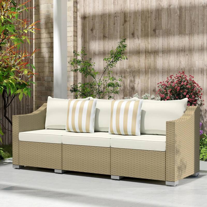 3 Seater Patio PE Rattan Couch with Cushions, 2 Throw Pillows