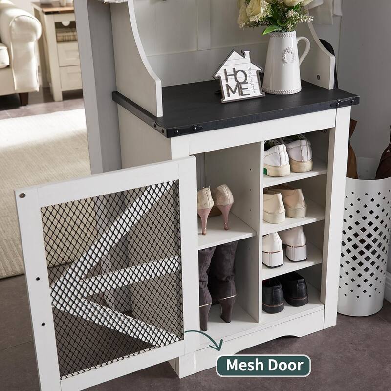 23" Wide Farmhouse Entryway Bench with Coat Rack, Hall Tree Cabinet