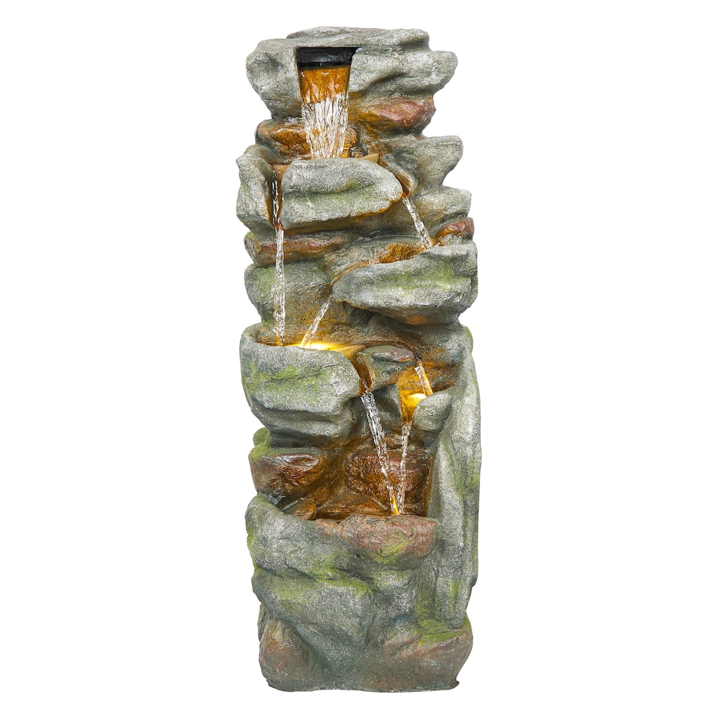 39" Rock Fountain w/ LED, Outdoor Cascading Feature, Gray