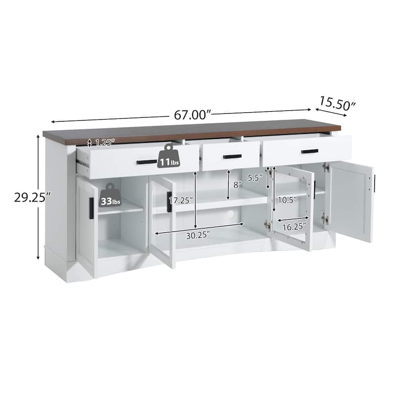 67" Modern TV Console with Glass Doors, Storage Drawers & Adjustable Shelves, Stylish Media Cabinets for TVs Up to 65"