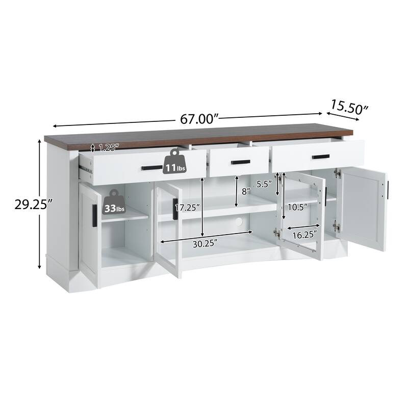 Modern TV Stand, Multi-Functional TV Stand with 3 Drawer, Glass Doors and 3 Adjustable Shelves, for Living Rooms, White