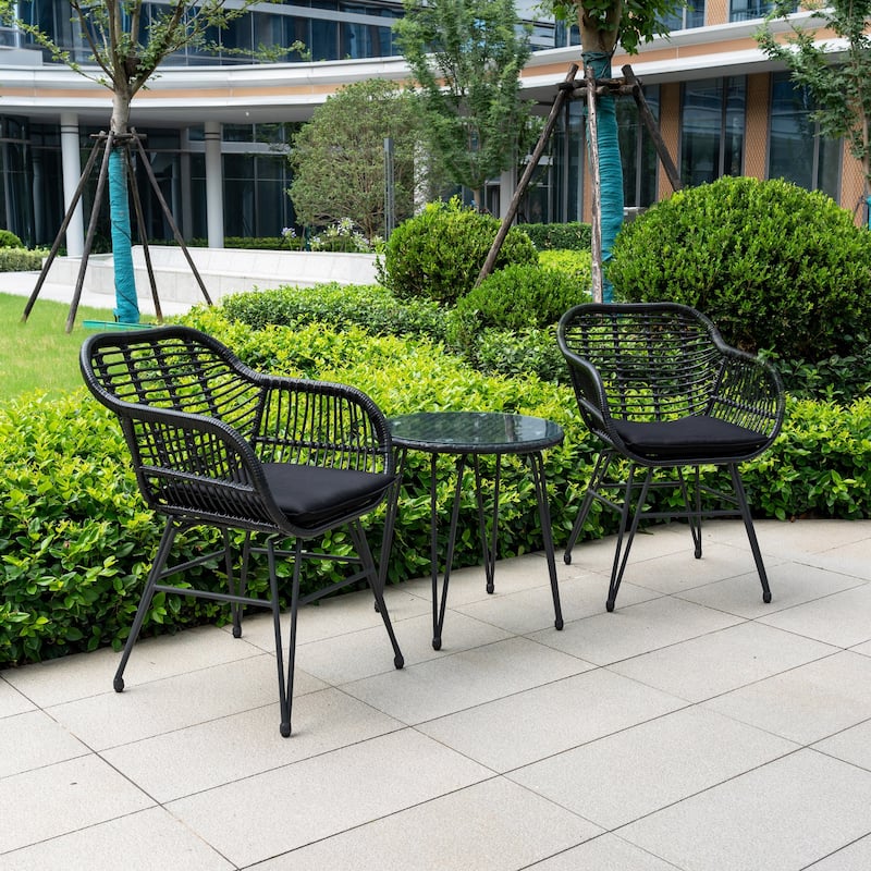 3 Piece Outdoor Wicker Furniture Patio Bistro Set With Cushions for Porch Poolside Garden - 21.2"L x 23.6"W x 31.5"H