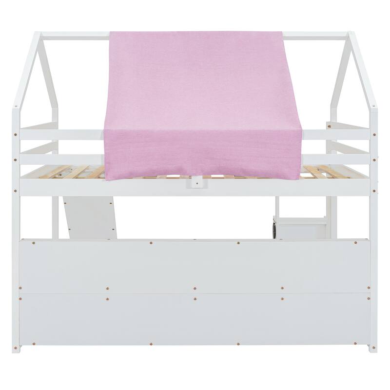 Full size Wooden Loft Bed House-shaped Frame with a Tent, White+Pink