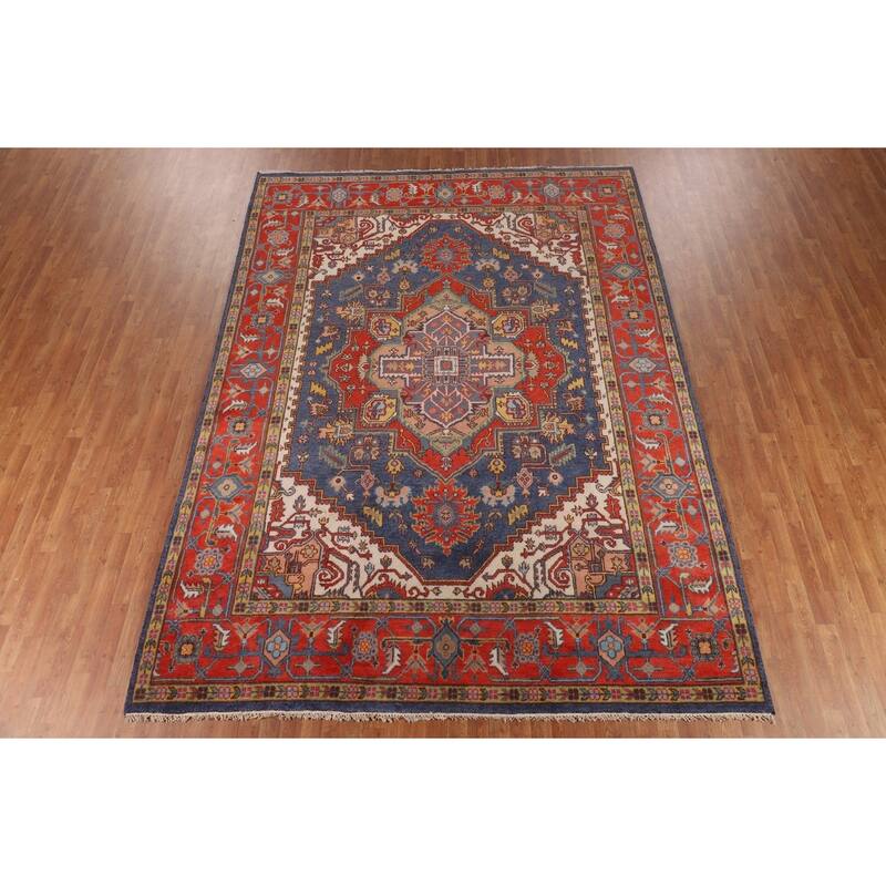 Blue Geometric Heriz Serapi Oriental Area Rug Hand-Knotted Wool Carpet - 8'8"x 11'10"