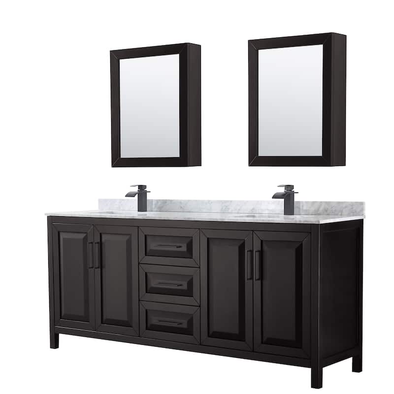 Daria 80-inch Double Vanity, Marble Top, Medicine Cabinets - Dark Espresso, Black Trim,White Carrara Marble Top