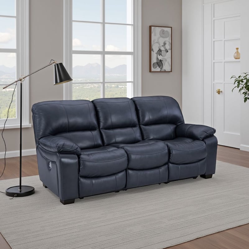 Leesa Power Recliner Sofa, Soft Ocean Blue Leather, USB Port, 88 Inch