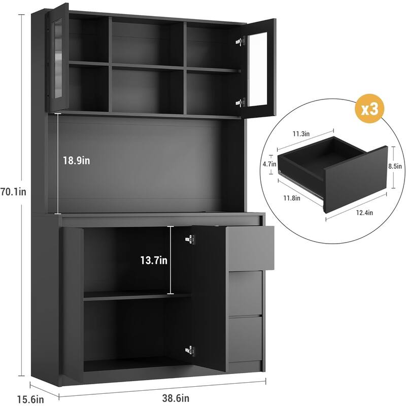 Kitchen Pantry Cabinet , Tall Storage Cabinet with Countertop and LED Lights