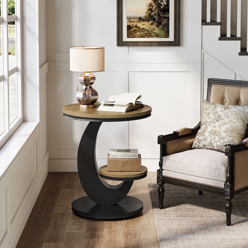 Round End Table, 2 Tiers Side Table with Storage Shelf