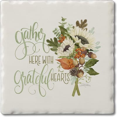 Absorbent Stone Tumbled Tile Coasters, Gather Here, Set of 4