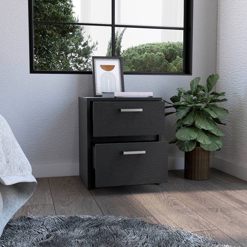 18-inch Nightstand with 2 Drawers and Metal Handles in Black