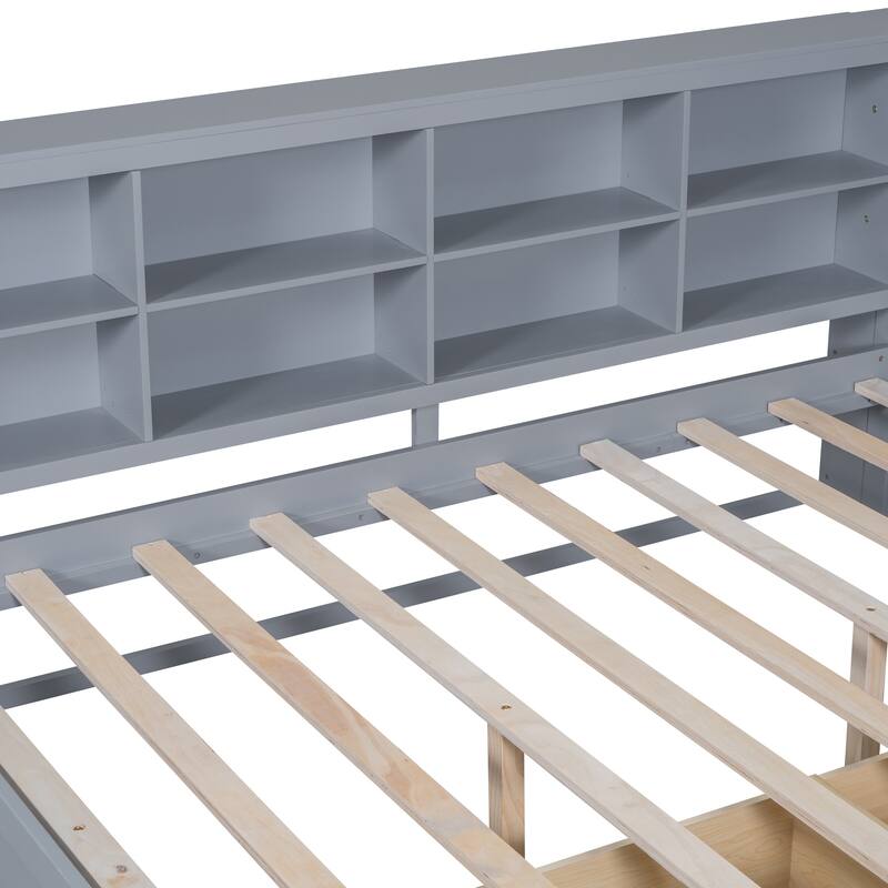 USB Ports on L-Shape Storage Headboard Bed Frame, Wooden DayBed Sofa Bed, Wooden Slat Platform Bed with 2 Drawers