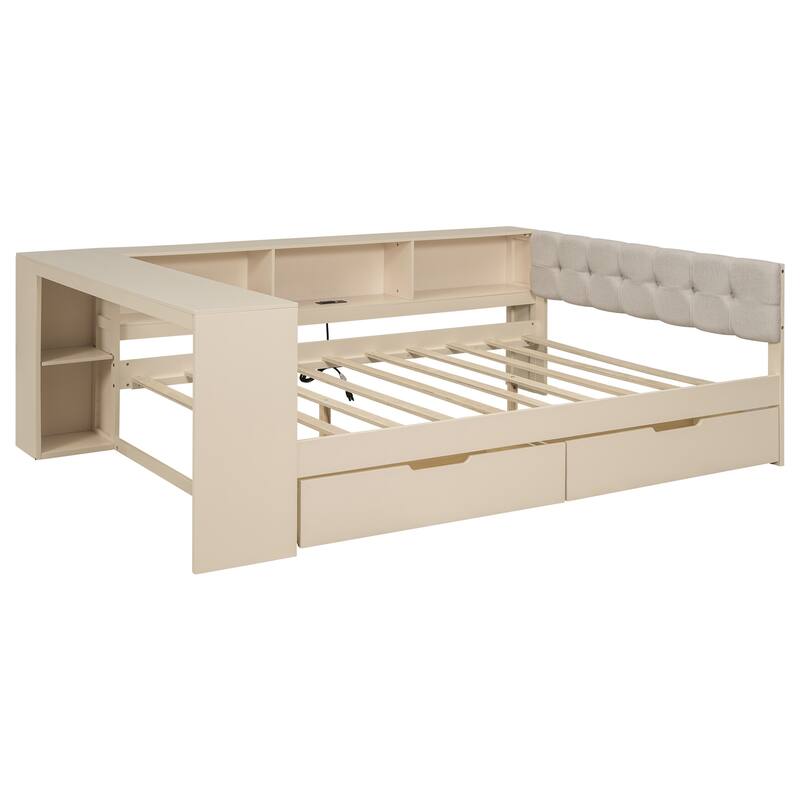 Wood Platform Bed Twin/Full Cream Gray Linen Headboard 2 Drawers Charging Station