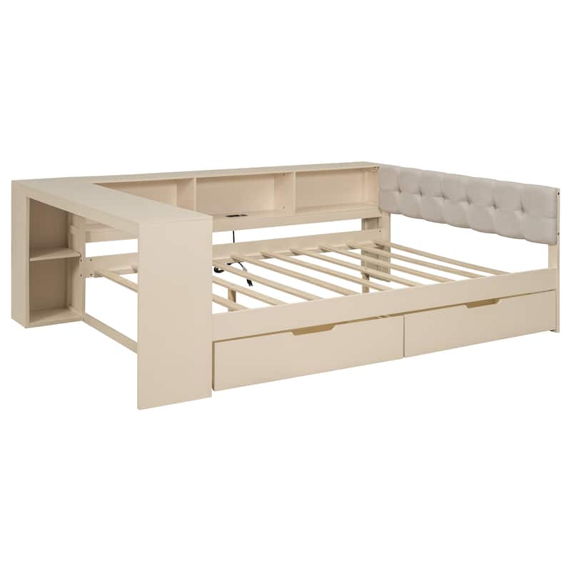 Wood Platform Bed with Wrap-Around Shelves, 2 Drawers and Charging Station by Harper&Bright Designs