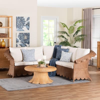 Detta Natural Rattan Sectional Set - Handwoven Wicker Corner Lounge Seating with Scalloped Skirt Base and Rolled Arms