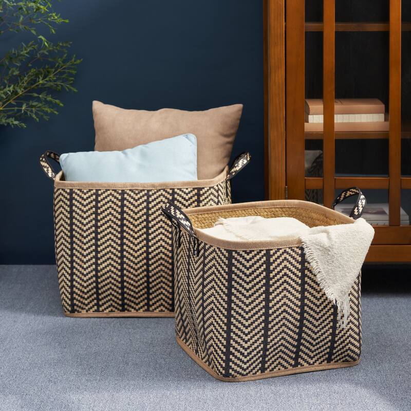 Isidore Square Palm Leaf Woven Wicker Storage Basket with Handles Set of 2