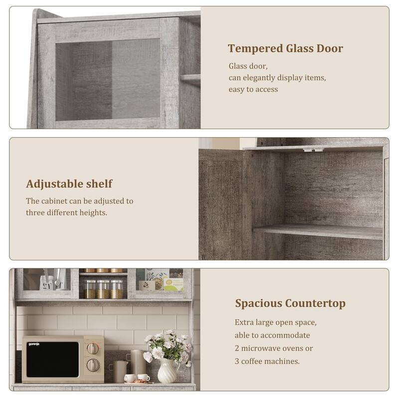 67" Tall Kitchen Hutch Storage Cabinet, Farmhosue Coffee Bar Cabinet with 3 Drawers