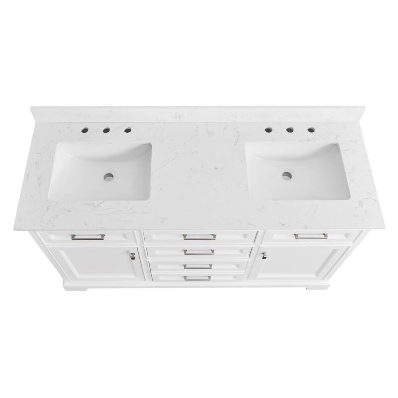 Prismarble Bathroom Vanity 60 in White with Marble Top & Backsplash, Double Sinks