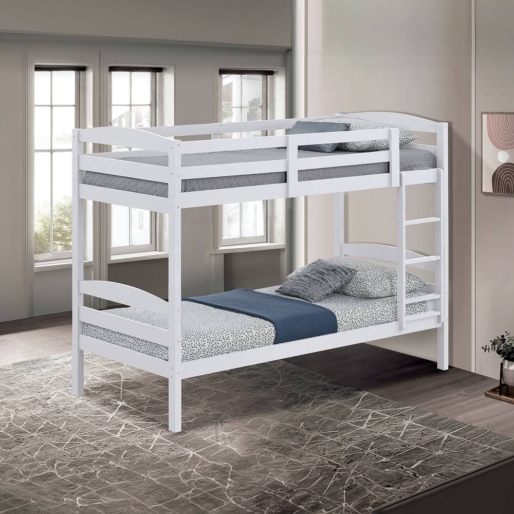 White/Espresso Wood Twin Over Twin Bunk Bed with Staircase