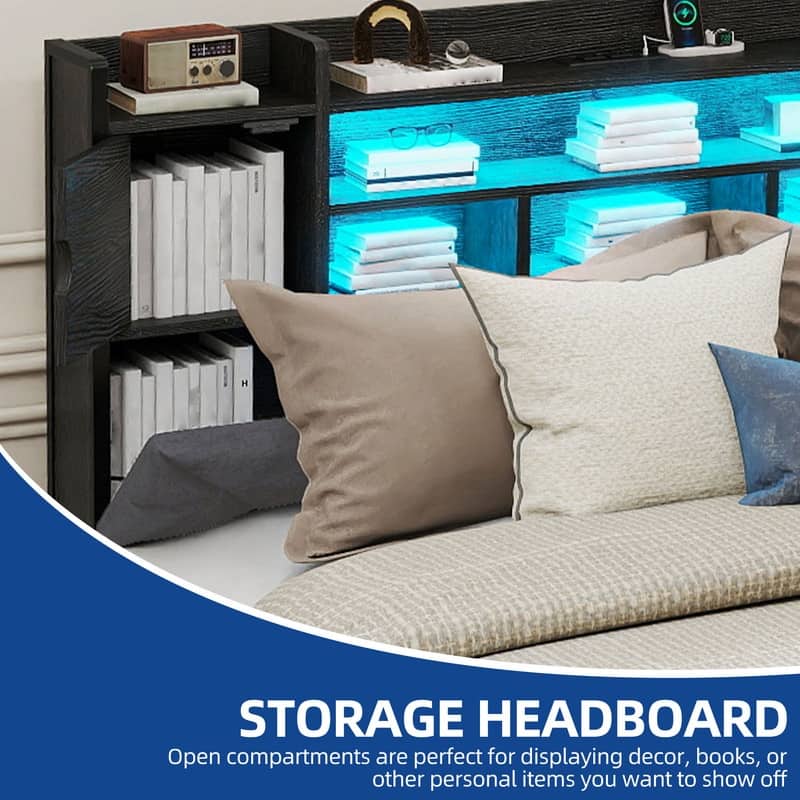 Moasis Queen / King Size Upholstered Bed Frame with Storage Bookcase Headboard & RGB LED Lights