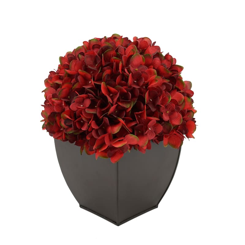 Faux Hydrangea in Matte Brown Tapered Zinc Cube - Burgundy