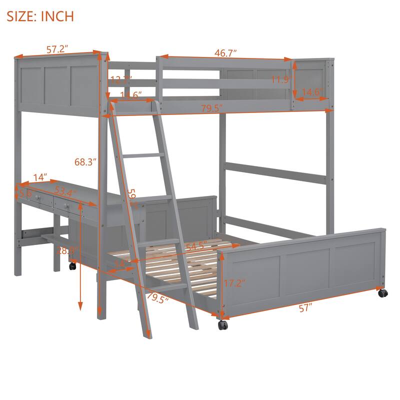 Space-Saving Twin Over Full Bunk Bed with Desk and Drawers - Solid Pine Construction, White/Grey