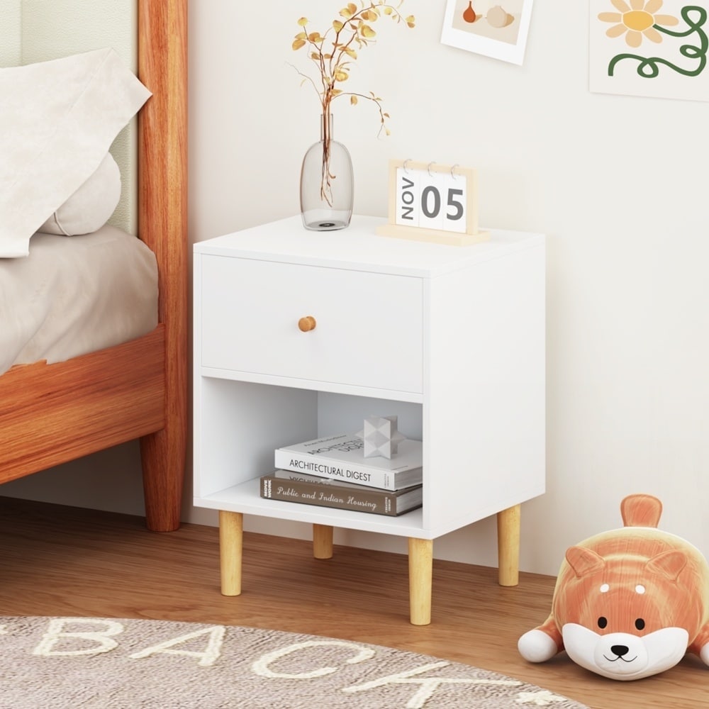 Wooden Nightstand with One Drawer One Shelf for Kids
