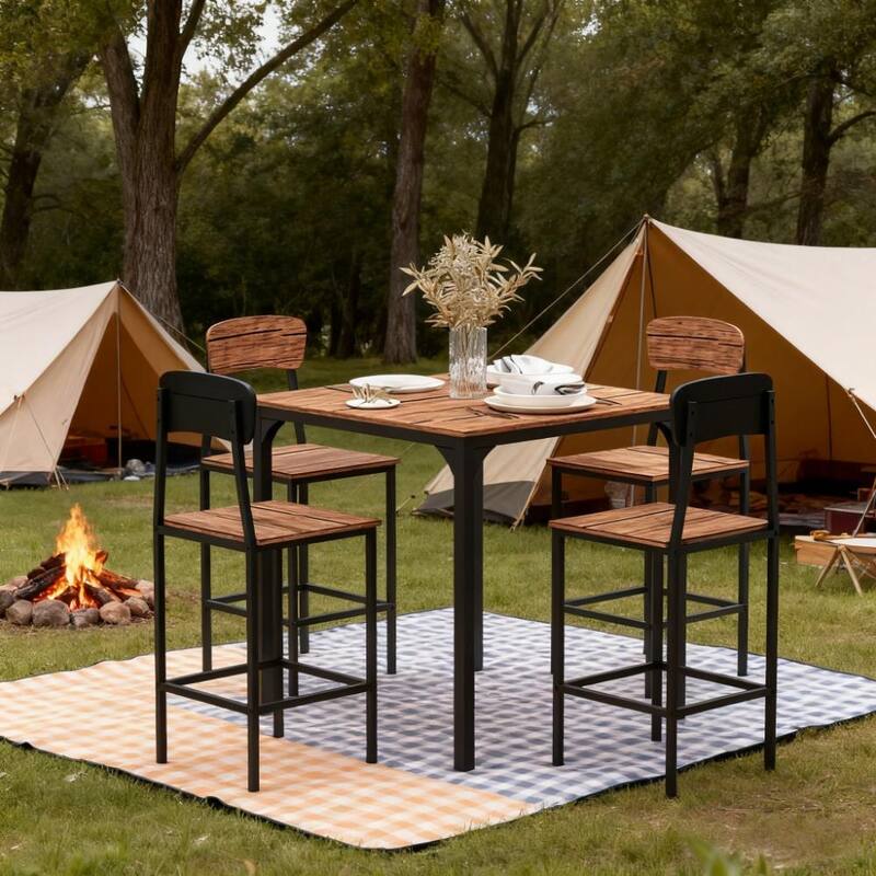 Black Walnut Counter Height Bar Table with Metal Legs, Industrial Bar Chaira Dining Chairs with Metal Legs