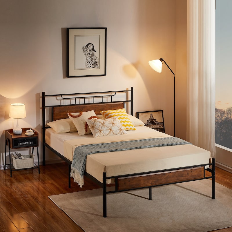 Javlergo Metal Platform Bed Frame with Wooden Headboard, No Box Spring Needed, Brown